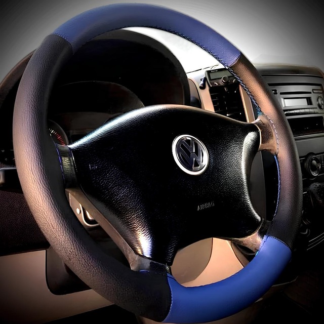 Dikişli Direksiyon Kılıfı Mavi Deri Siyah Deri Mavi Dikişli Volkswagen Crafter Mavi