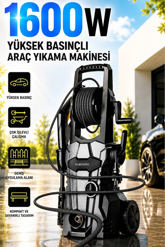 Exenar - Siyah - Cw55 Ev Tipi Araç Yıkama Makinesi Kablolu Evde Oto Yıkama Cihazı 1600w 75 Bar Basınçlı Su