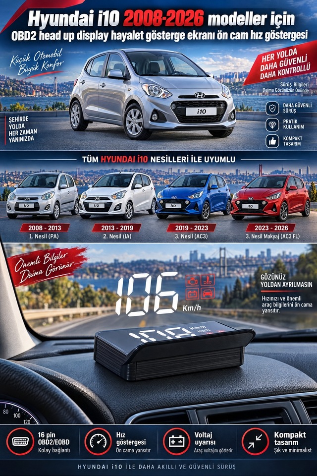 Hyundai İ10 2008-2026 Modeller İçin Obd2 Head Up Display Hayalet Gösterge Ekranı Ön Cam Hız Göstergesi