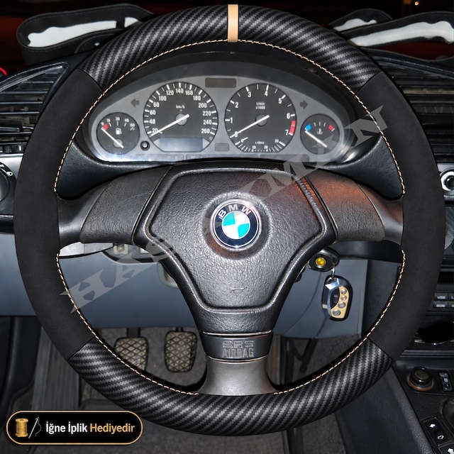 Bmw 3 Serisi E46 Dikme Direksiyon Kılıfı Alcantara Süet Mat Karbon Bej Yüzük Ve Dikiş 3 Kollu-üçgen-tuşsuz 1998-2001