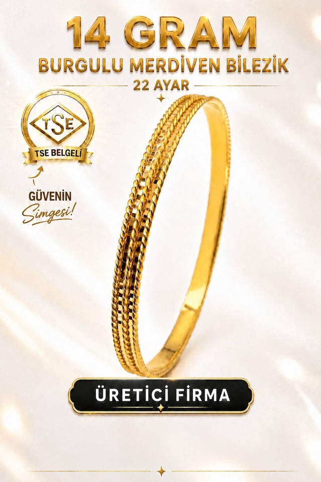 22 Ayar Tse Belgeli 14 Gram Burgulu Merdiven Ajda Altın Bilezik Gold İşçiliksiz Düğün Nişan