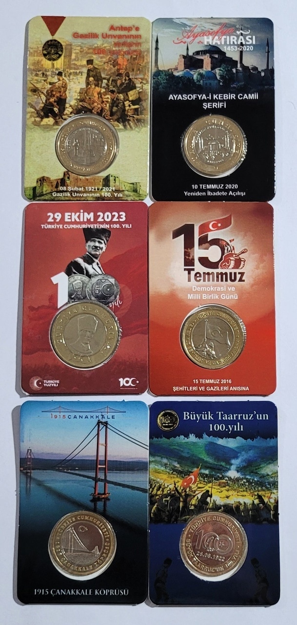 6 Li Hatıra Para Kiti Seti, Cumhuriyetin 100.yılı,ayasofya, Antep, Çanakkale, 15 Temmuz, Taaruz, Çil