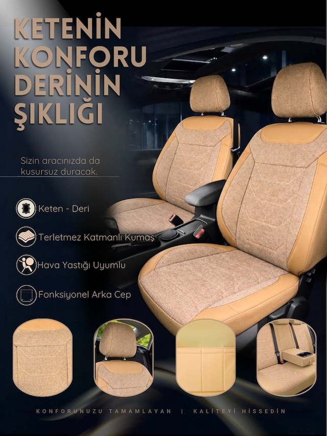 Linum Serisi Keten Kumaş Oto Koltuk Kılıfı Siyah Bej