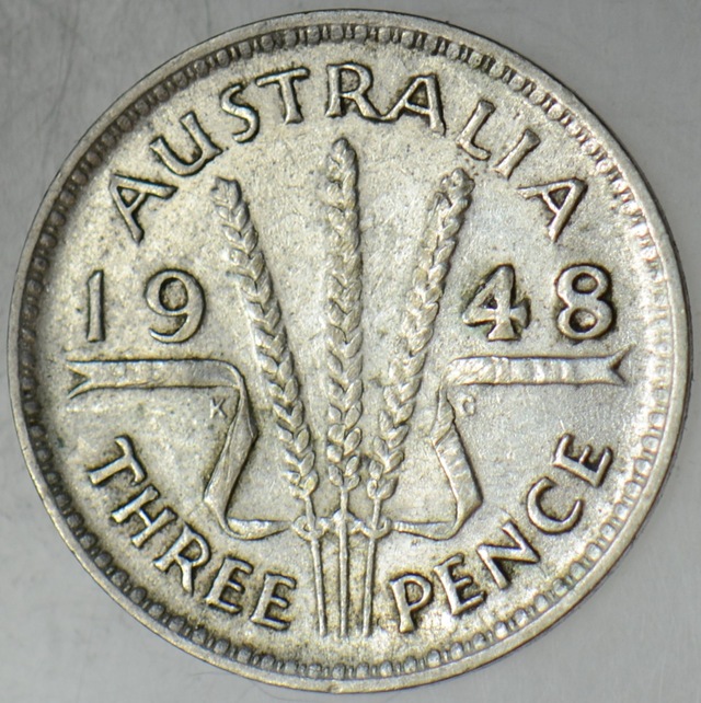 Avustralya 3 Pence 1948 Gümüş. Kral 6. George 16 Mm 1,41 Gr.