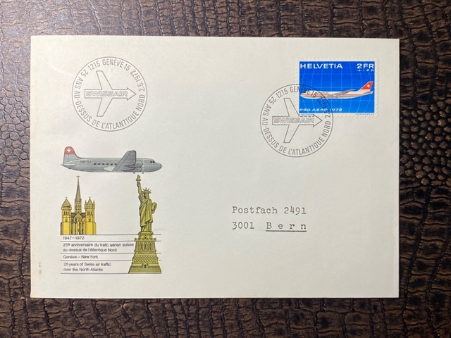 1972 İsvicre Hava Yollarının Swiss Air Kuzey Atlantic Uçuşlarının 25. Yıl Dönümü Geneve - New York Kennedy İnt. Airport Ve Özel İlk Gün Damgalı Zarf Fdc Teşhir Ürün