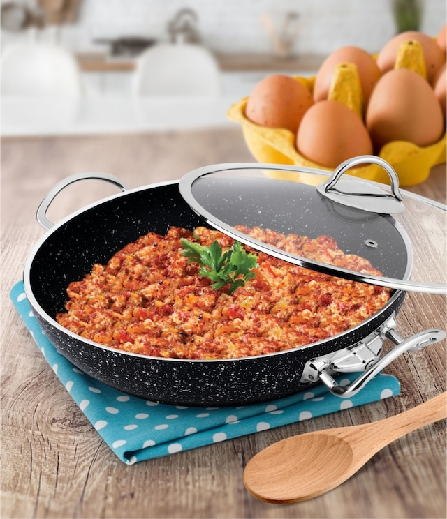 Lines Menemen Aşkı Cam Kapaklı Granit Tava 26 CM Siyah