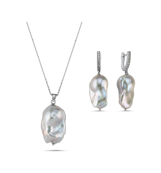 Gri Barok Doğal İnci Kolye Küpe İkili Set - Rose