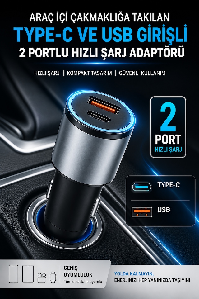 Araç Şarjı - Type-c + Usb 2 Port Hızlı Şarj Adaptörü - Uzun Yolda Şarjın Bitmesin - İphone Android Tüm Telefonlar Cihazlar Uyumlu 55w