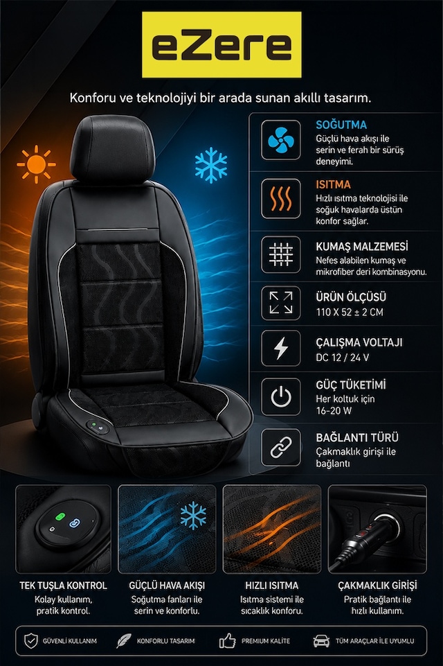 Ezere Coolseat 12v Araç Koltuk Soğutucu Ve Isıtıcı Fanlı Minder 3 Kademeli