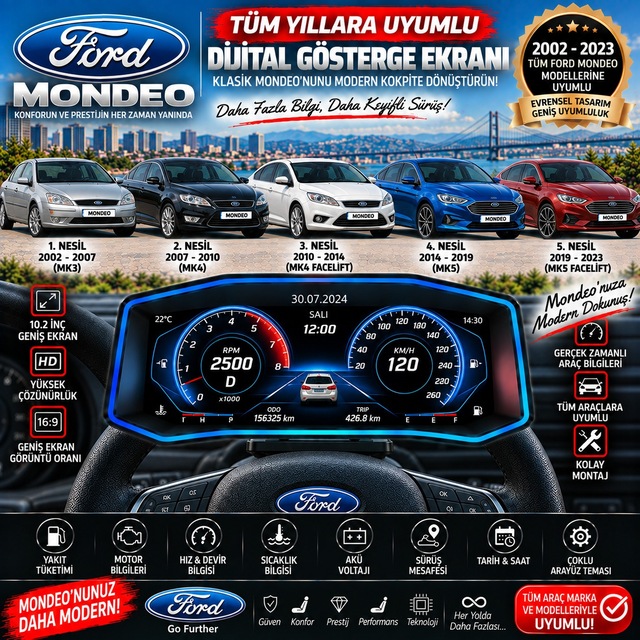 Ford Mondeo 2002-2025 Model Uyumlu Harici Digital Gösterge Odb Ekran Arıza Göstergesi Turbo Gösterge Hayalet Ekran