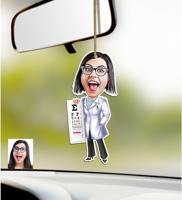 Kişiye Özel Bayan Göz Doktoru Karikatürlü Ahşap Araba Dikiz Ayna
