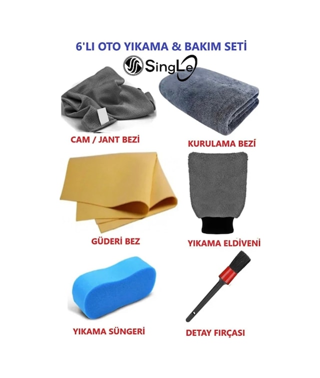 6 Lı Mikrofiber Oto Yıkama Seti Kurulama Bezi Cam Bezi Güderi Oto Eldiven Oto Sünger Detay Fırça