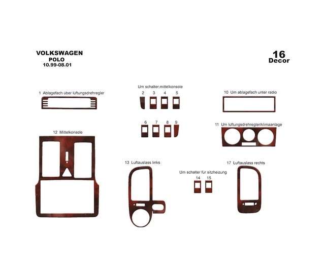 Volkswagen Polo Uyumlu Torpido Kaplama 1999-2001 16 Parça Maun
