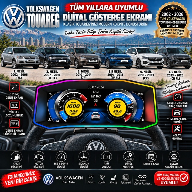 Volkswagen Touareg 2002-2026 Model Uyumlu Harici Digital Gösterge Odb Ekran Arıza Göstergesi Turbo Gösterge Hayalet Ekran