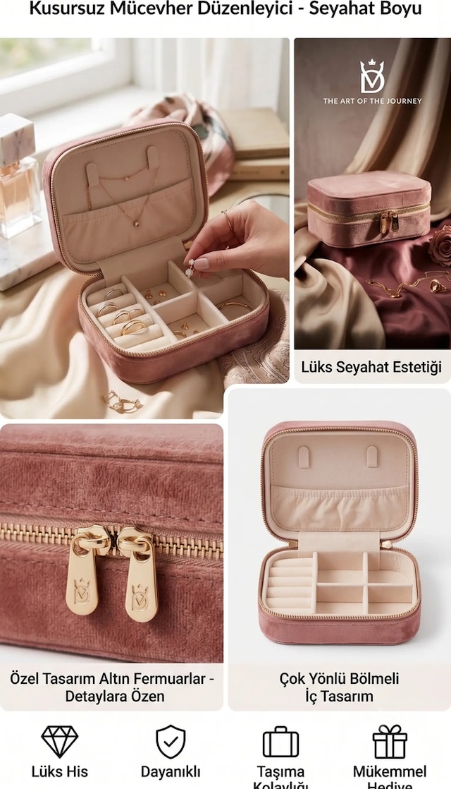 Takı Kutusu Düzenleyici Seyahat Çantası Kolye Yüzük Küpe Organizer Kadife Pembe 12cmx8cm Pudra