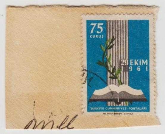 29 Ekim 1961 Zarf Kağıdından Kesilmiş Damgalı Pul. Teşhir Ürün