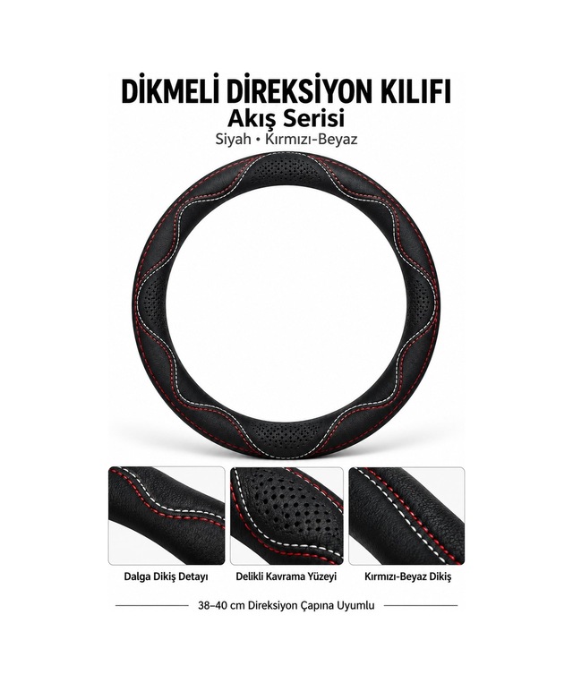 Trobus Isuzu D-max 2002-2007 Uyumlu Dikmeli Direksiyon Kılıfı Akış Siyah Kırmızı-beyaz