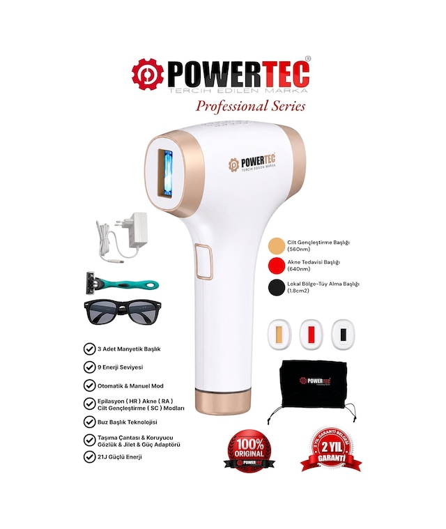 Powertec TR-9999 Ipl Lazer Epilasyon 999.999 Atım Otomatik/Manuel 9 Modlu Buz Başlıklı & Taşıma Çantası Beyaz
