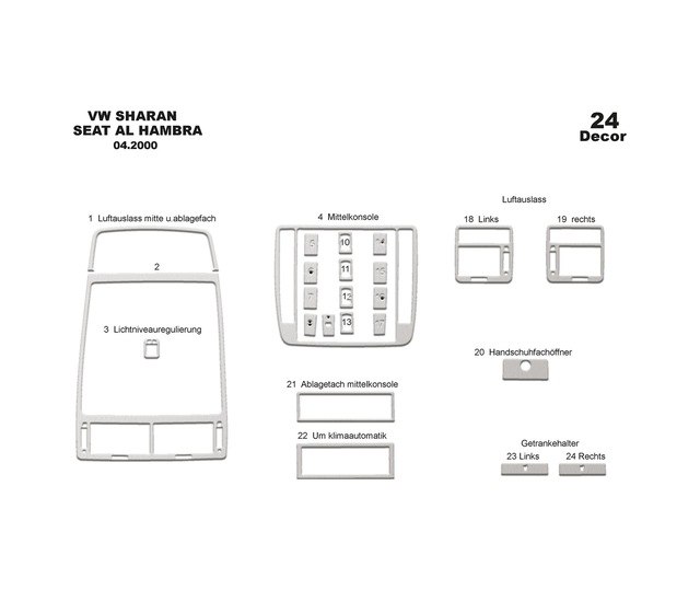 Volkswagen Sharan Torpido Kaplama 2000-2009 24 Parça Alüminyum