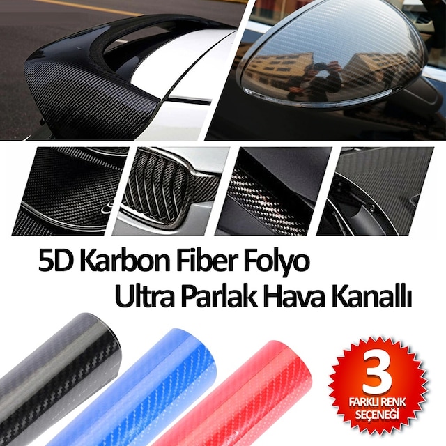 Mega Oto Market 5D Karbon Fiber Folyo Ultra Parlak Hava Kanallı 3 Farklı Renk Siyah-10Cm-1 Metre
