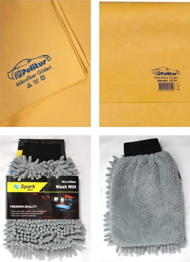 Polikur 3219 Mikrofiber Güderi Oto Kurulama Bezi & Spark 7050 Şönil Oto Temizlik Eldiveni 2'li Set