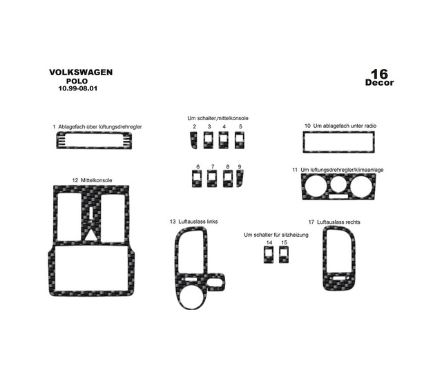 Volkswagen Polo Uyumlu Torpido Kaplama 1999-2001 16 Parça Karbon