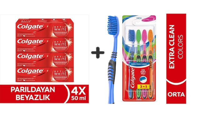 Colgate Optic White Parıldayan Beyazlık 50 Ml X4 Adet + Extra Clean Colors Diş Fırçası 3+1 Beyazlık