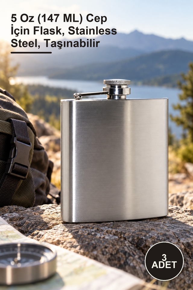 3 Adet Paslanmaz Çelik Matara 5 Oz 147 Ml Cep İçin Flask, Stainless Steel, Taşınabilir