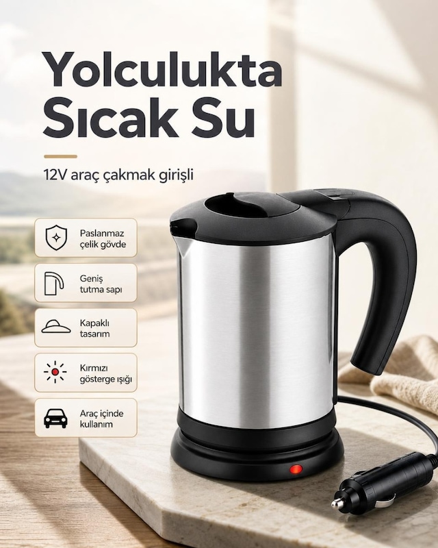 Geniş Tutma Saplı 12v Araç Çakmak Girişli Paslanmaz Çelik Su Isıtıcı Kettle