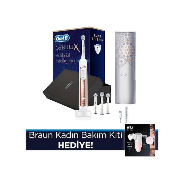 Oral-B Genius X AI Luxury Rosegold Şarj Edilebilir Diş Fırçası + Seyahat Kabı + Braun Silk-Epil 5 5620 Kadın Bakım