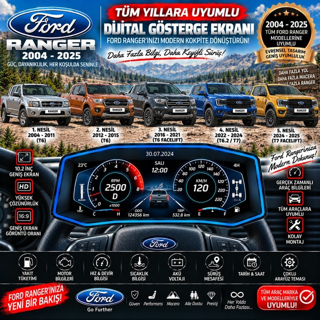 Ford Ranger 2004-2026 Model Uyumlu Harici Digital Gösterge Odb Ekran Arıza Göstergesi Turbo Gösterge Hayalet Ekran