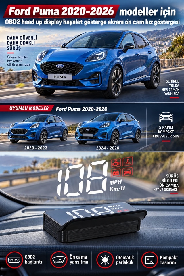 Ford Puma 2020-2026 Modeller İçin Obd2 Head Up Display Hayalet Gösterge Ekranı Ön Cam Hız Göstergesi