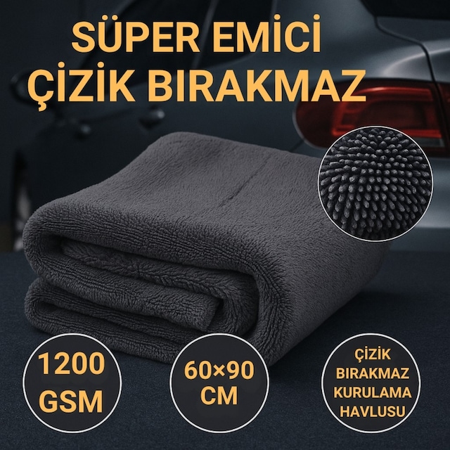 Polham Xl 60x90cm 1200gsm Süper Su Emici Özellikli Mikrofiber Araç Kurulama Havlusu, Çizik Ve İz Bırakmaz Bez