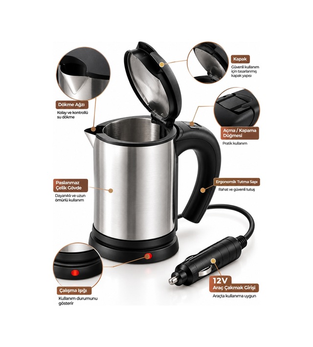 Yolculuk Ve Seyahat İçin 12v Araç Uyumlu Paslanmaz Çelik Elektrikli Su Isıtıcı Kettle - Lisinya
