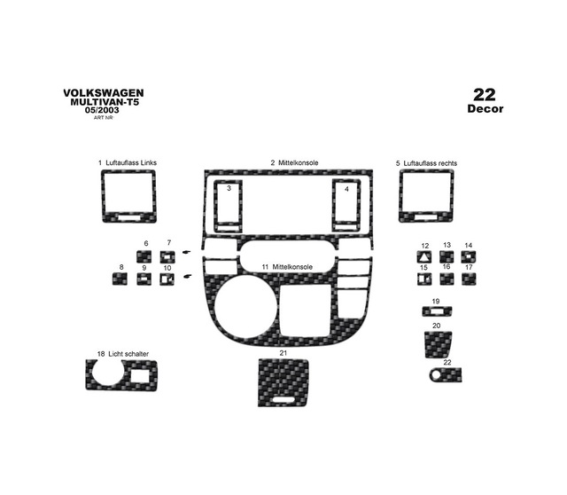 Volkswagen T5 Multivan Torpido Kaplama 2003-2009 22 Parça Karbon