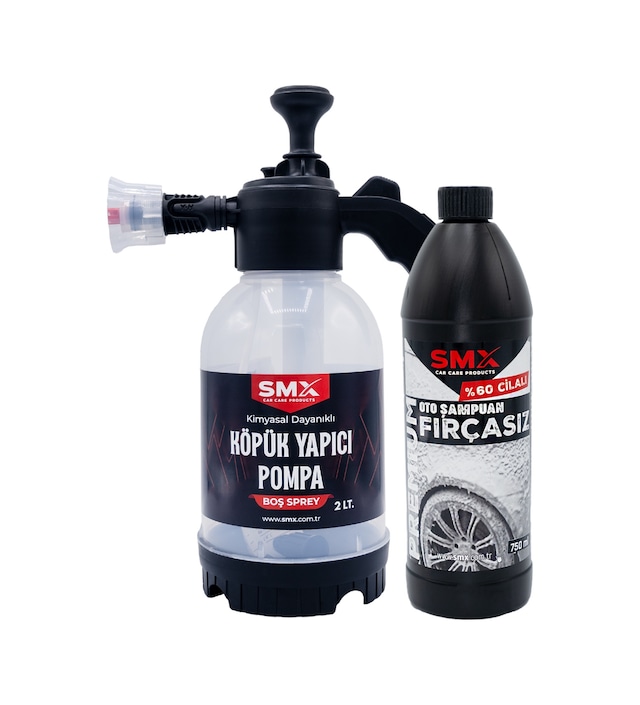 %60 Cilalı Fırçasız Oto Şampuanı + Köpük Yapıcı Basınçlı Pompa 2 Litre