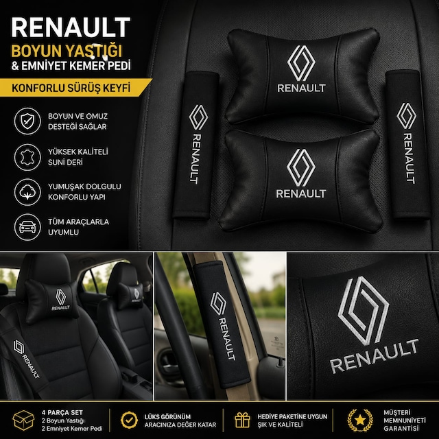 Renault Deri Yastık Ve Kemer Pedi Oto Boyun Yastığı Güvenli Sürüş Deri Konfor Siyah