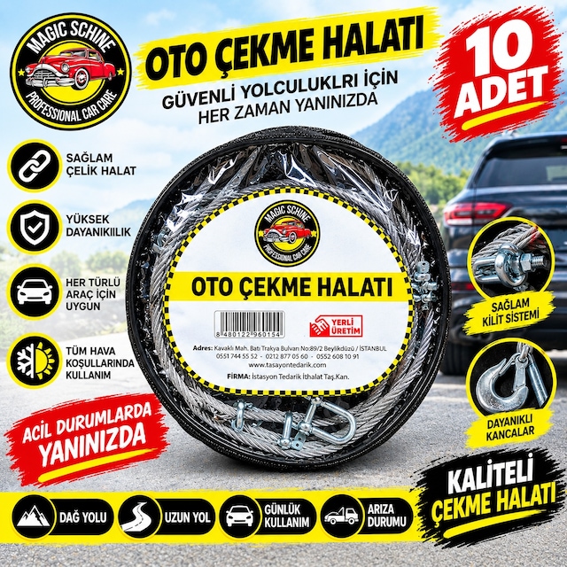 10'lu 3,5 Ton Kapasiteli Çelik Oto Çekme Halatı
