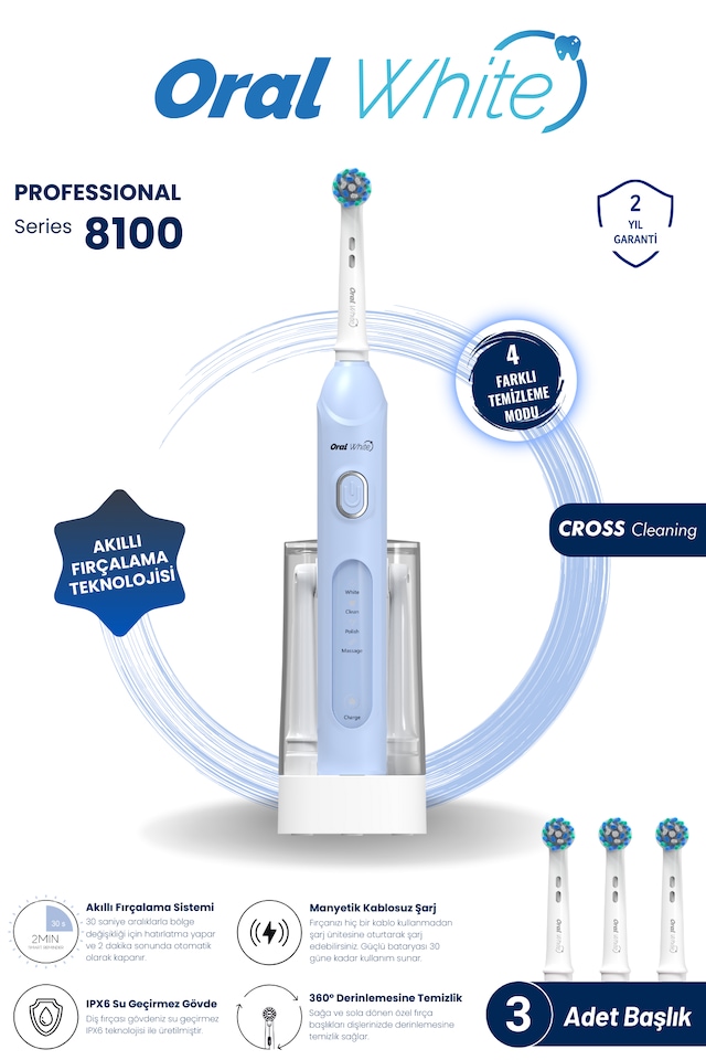 Oral White 4 Modlu Professional 8100 Şarjlı Diş Fırçası Mavi