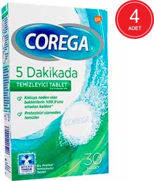 Corega 5 Dakikada Protez Temizleyici Tablet 30'lu x 4 Paket