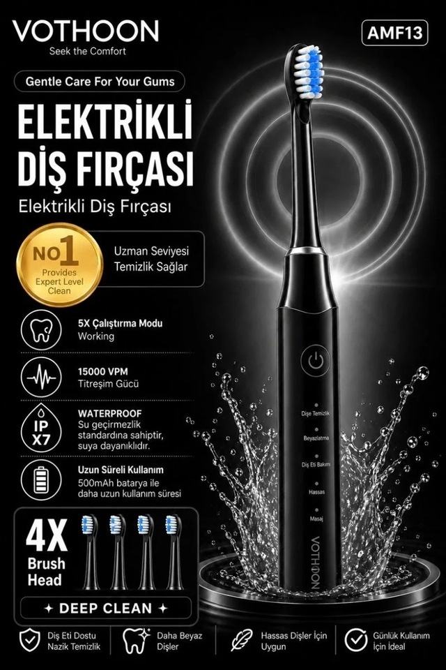 Ers Şarjlı Diş Fırçası 15000 Vpm Titreşim Gücü, 500mah Batarya, 5 Temizlik Modu Siyah