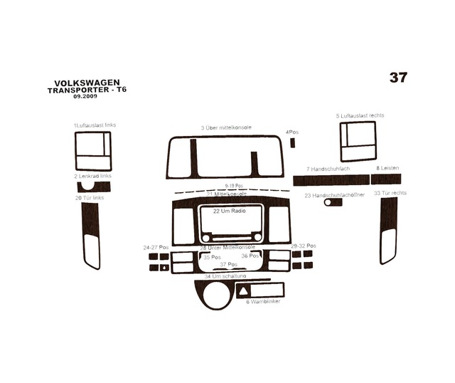 Volkswagen Transporter T6 Torpido Kaplama 2009-2014 37 Parça Koyu Meşe