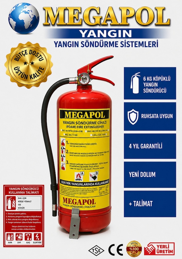 6 Kg Köpüklü Yangın Söndürme Cihazı Talimat Ve Askı Aparatlı, Yangın Söndürme Tüpü,