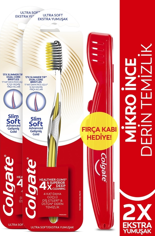 Colgate Mikro İnce Gelişmiş Gold Ekstra Yumuşak Diş Fırçası 2'li + Fırça Kabı
