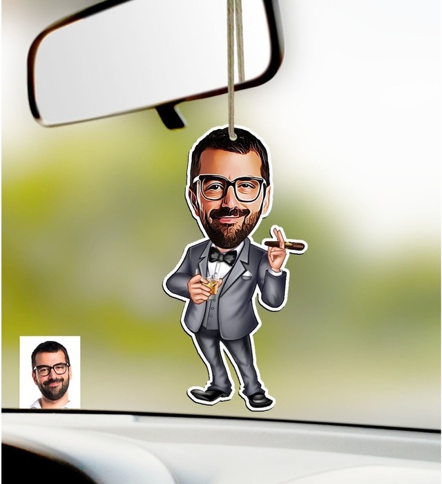 Kişiye Özel Bay Patron Karikatürlü Ahşap Araba Dikiz Ayna Süsü-3