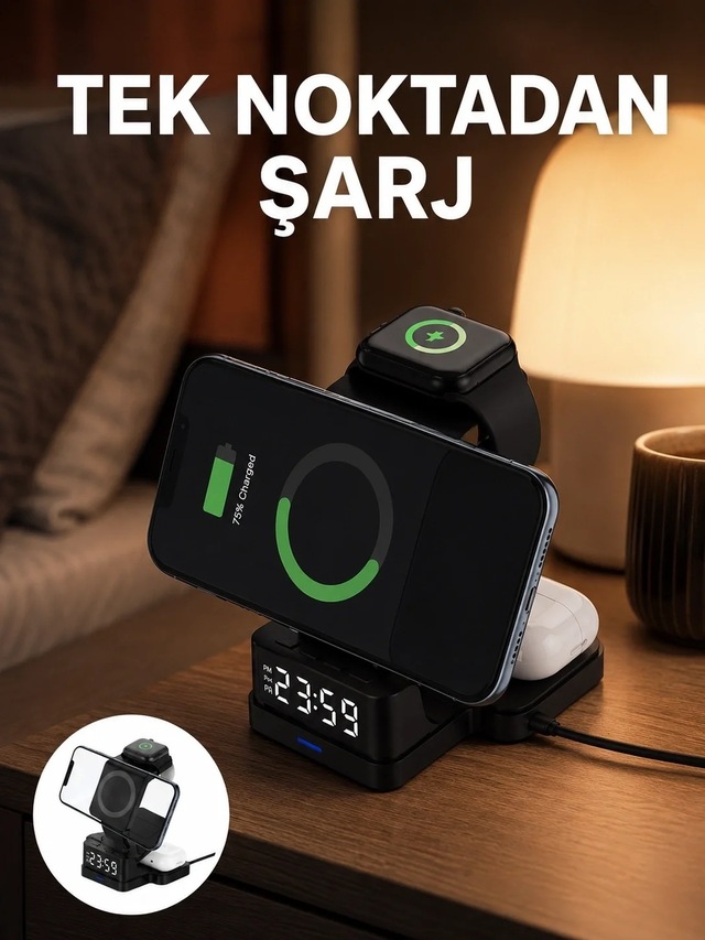 Ers Led Dijital Saatli Kablosuz Şarj Cihazı 3 Parlaklık Ayarlı, Şarj Koruma Teknolojili Yeni Nesil