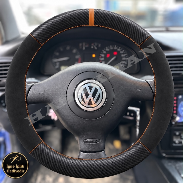Volkswagen Lupo Dikme Direksiyon Kılıfı Alcantara Süet Mat Karbon Taba Yüzük Ve Dikiş 3 Kollu 1998-2005