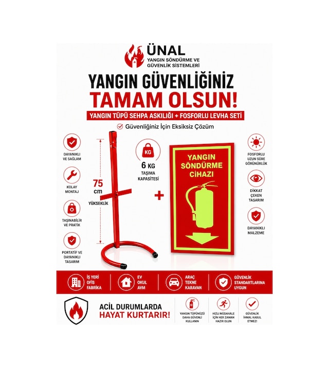 Yangın Tüpü Standı Sehpası + Fosforlu Yangın Söndürme Cihazı Levhası Seti 6 Kg Uyumlu İş