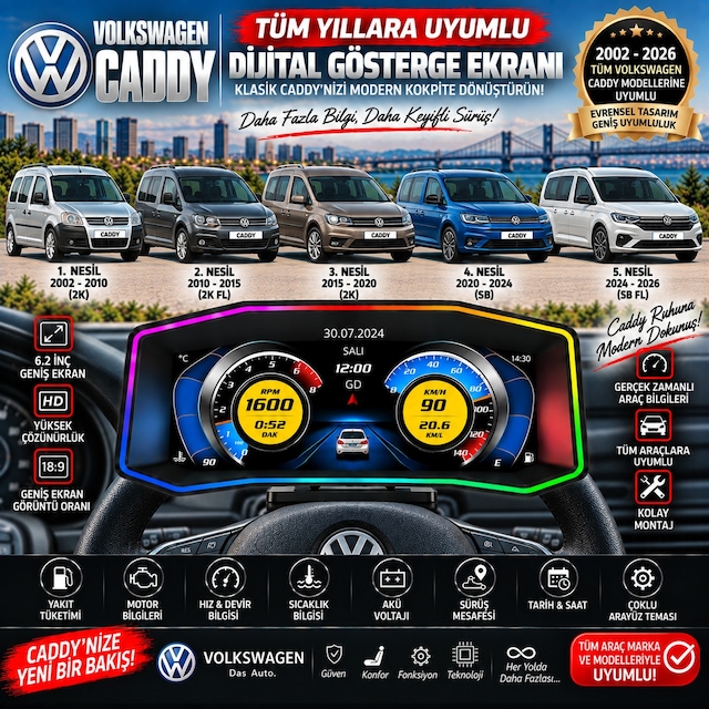 Volkswagen Caddy 2002-2026 Model Uyumlu Harici Digital Gösterge Odb Ekran Arıza Göstergesi Turbo Gösterge Hayalet Ekran