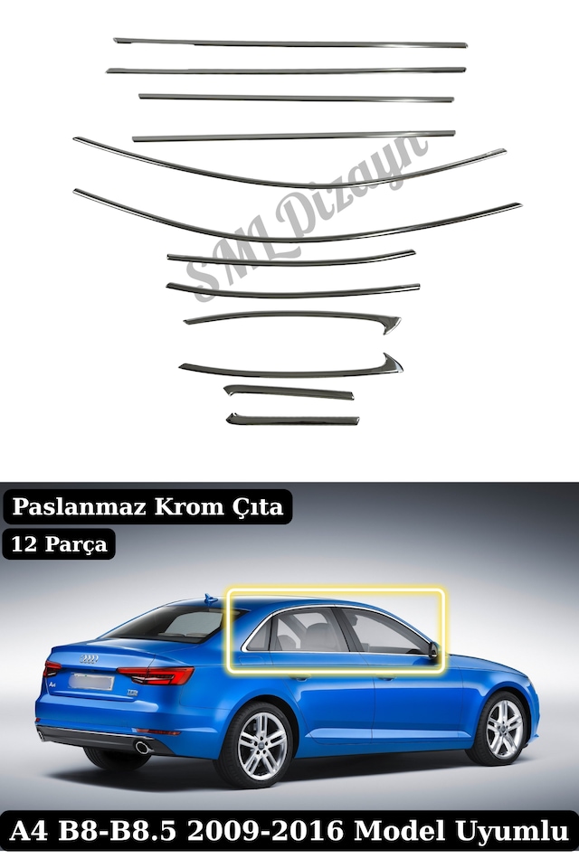 Audi A4 B8-b8.5 2009-2016 Uyumlu 12 Parça Paslanmaz Krom Cam Çıtası - Tam Tur Set